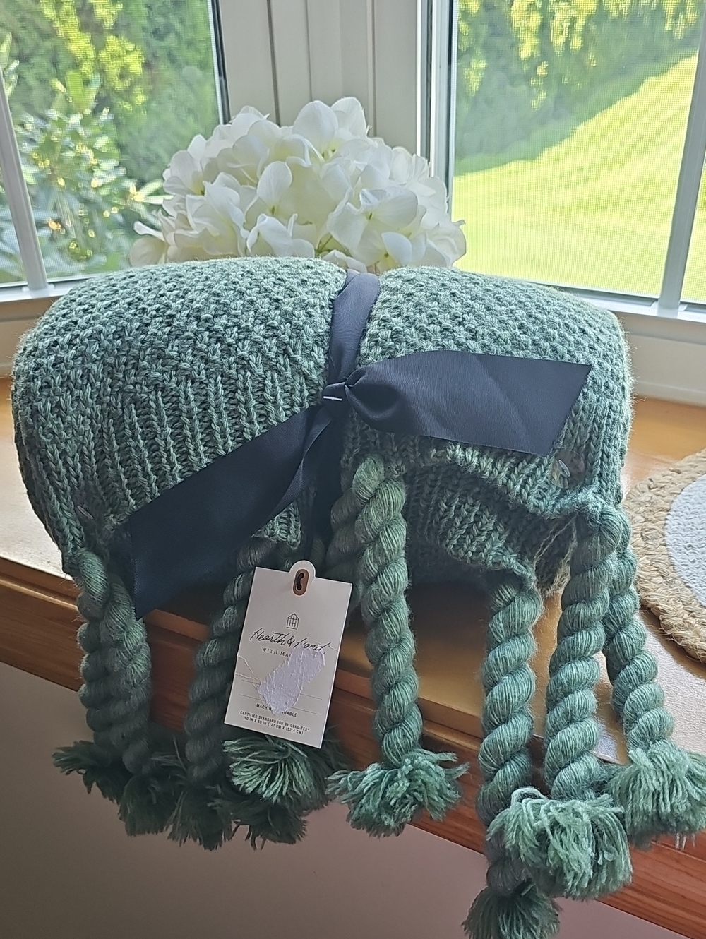 Hearth & Hand Sage Green Knit Throw with Twisted Tassels